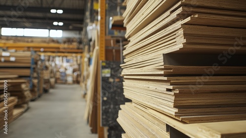 Wooden panels displayed in a hardware store featuring treated pressed wood and plywood sheets available at a wholesale warehouse