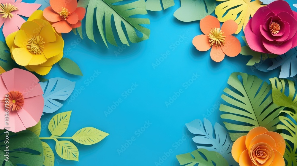 Fototapeta premium Top view of vibrant paper cut flowers and green leaves against a blue backdrop featuring ample empty space for text