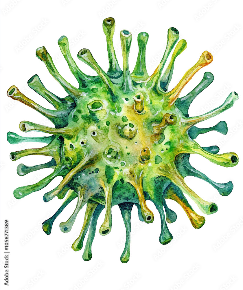 Green Watercolor Virus Illustration on Cut out Background Green Watercolor Virus Illustration on Cut out Background