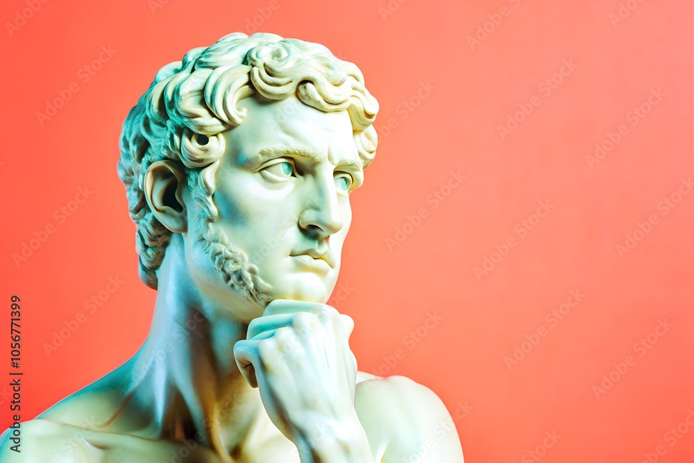 Detailed marble statue against an orange backdrop with ample copy space, showcasing the beauty of classical art with a modern, vibrant twist. Detailed marble statue against an orange backdrop with ample copy space, showcasing the beauty of classical art with a modern, vibrant twist.