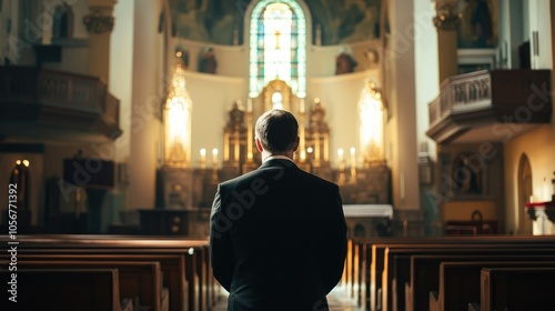 Clergy member facing the altar in an empty church back view highlighting spiritual leadership and a solitary worship atmosphere in a sacred environment