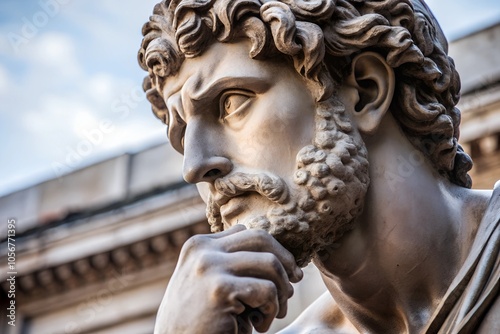 Marble statue of a man in deep thought with a cloudy sky background, capturing the timeless elegance of classical art in an outdoor setting with copy space. 