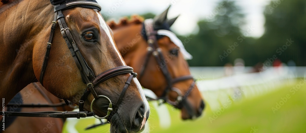 Obraz premium Race Horses In A Field Or Paddock Grazing On Green Grass At A Stud Farm That Breeds For The Racing Industry A Saddle On The Horse A White Piece On The Horse S Head And Ear