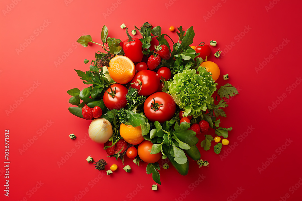 Vibrant array of fresh fruits and vegetables on a bold red background celebrating nature's bounty and nutritional richness in a colorful display Vibrant array of fresh fruits and vegetables on a bold red background celebrating nature's bounty and nutritional richness in a colorful display