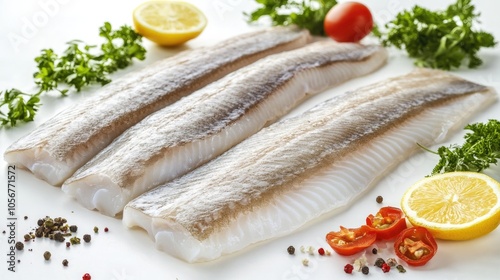 Fresh hake fillets displayed on a white background photo