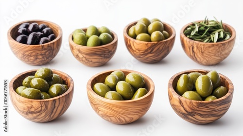 Wallpaper Mural Assortment of wooden bowls containing green olives set against a white background Torontodigital.ca