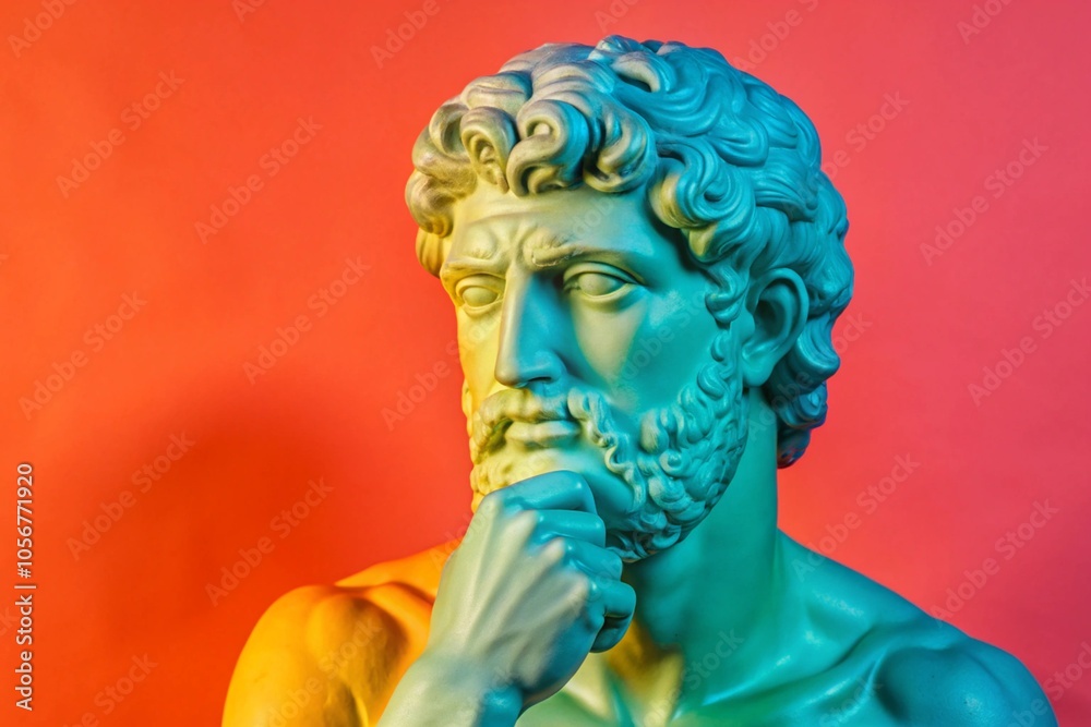 Obraz premium Marble statue of a thinking man with dramatic lighting on red-orange background. Copy space on the side for text or design.