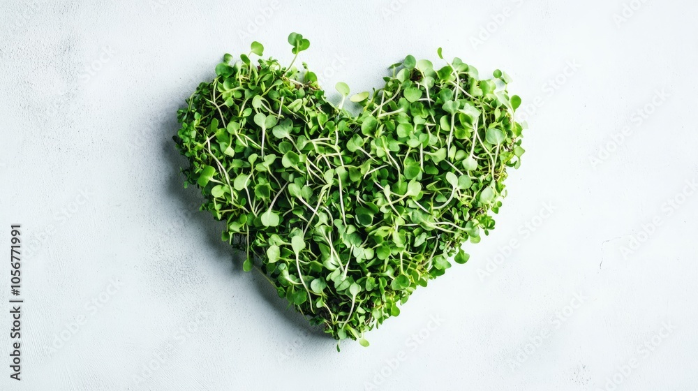 Heart shaped arrangement of microgreens on a white surface Includes sunflower sprouts and lucerne Flat lay design representing nature healthy eating and eco friendly concepts Heart shaped arrangement of microgreens on a white surface Includes sunflower sprouts and lucerne Flat lay design representing nature healthy eating and eco friendly concepts