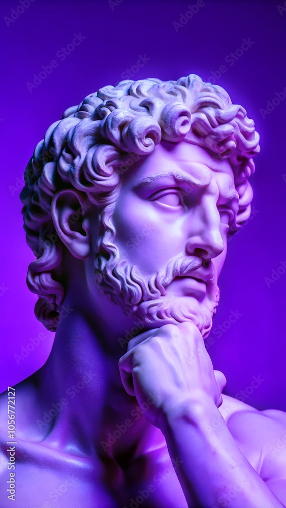Close-up of a marble statue illuminated in vivid purple light, highlighting classic details with a modern twist. Copy space available. Close-up of a marble statue illuminated in vivid purple light, highlighting classic details with a modern twist. Copy space available.