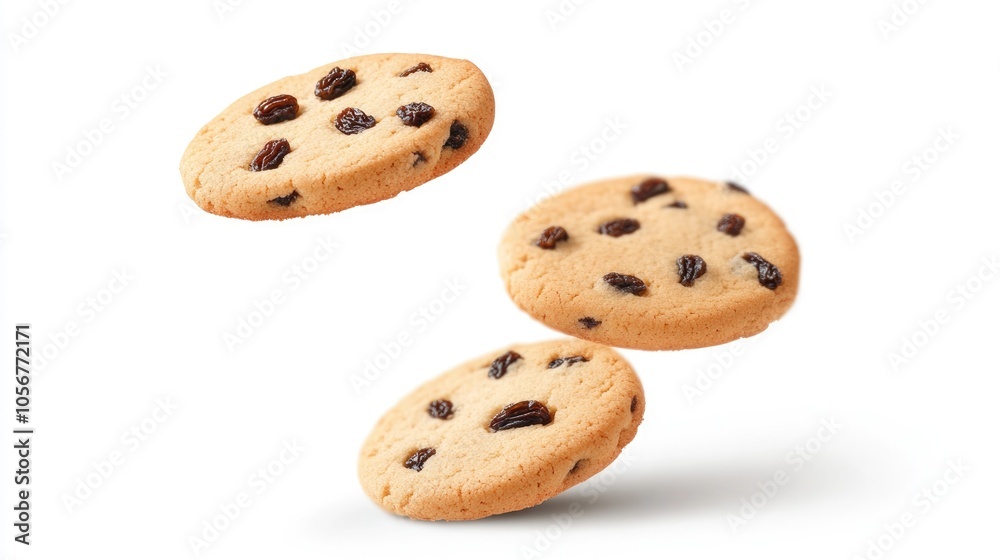 Set of raisin butter cookies isolated on a white background with cookies in motion as if flying through the air Set of raisin butter cookies isolated on a white background with cookies in motion as if flying through the air