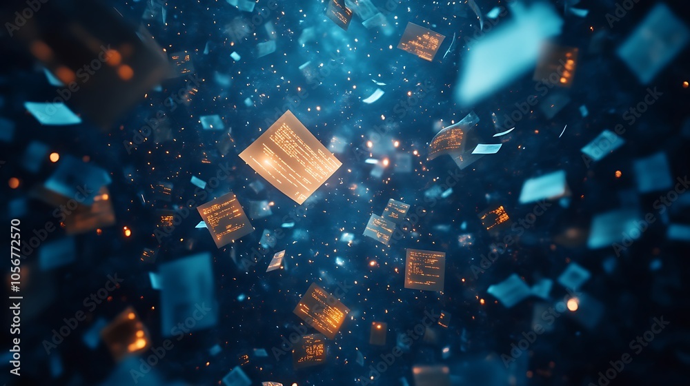 A dark background with glowing blue data particle, Background data papers particles A dark background with glowing blue data particle, Background data papers particles