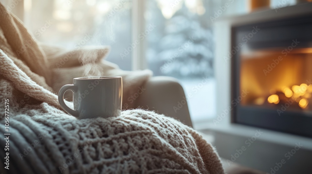 A steaming mug of tea rests on a chair beside a warm blanket in a snug living room featuring a fireplace perfect for a winter day A steaming mug of tea rests on a chair beside a warm blanket in a snug living room featuring a fireplace perfect for a winter day