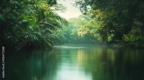 Blurred image depicting a serene natural backdrop featuring water and lush vegetation