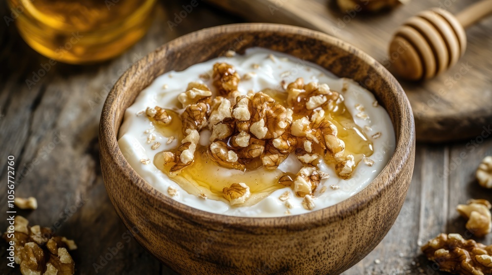 Greek yogurt topped with honey and walnuts in a bowl Nutritious breakfast option Greek yogurt topped with honey and walnuts in a bowl Nutritious breakfast option