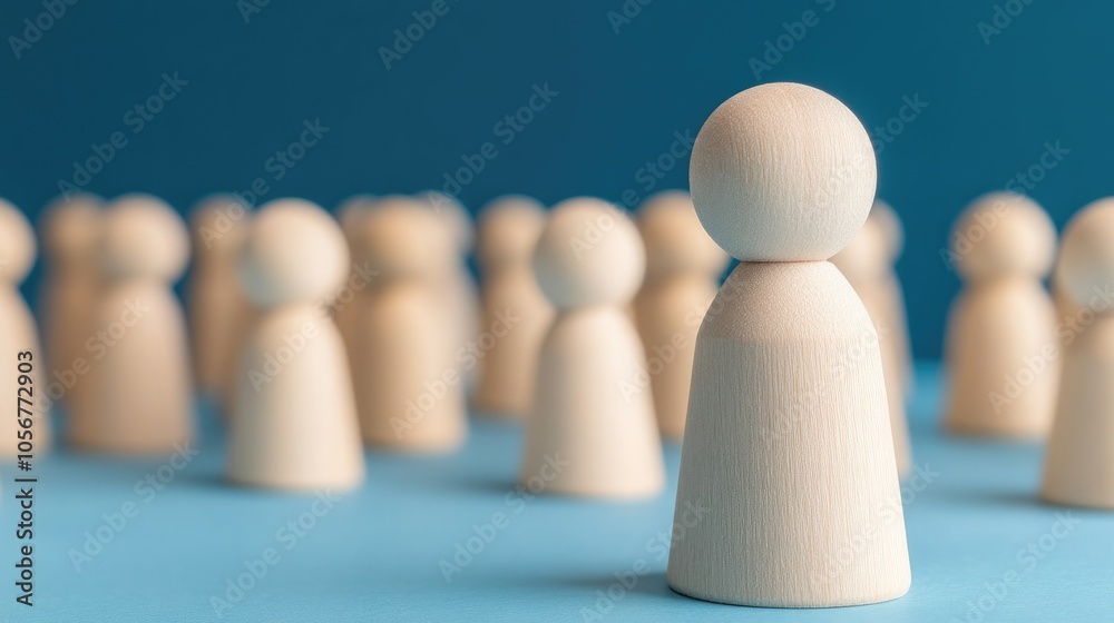 Close up of a wooden figure surrounded by individuals against a blue backdrop symbolizing the concept of leadership Close up of a wooden figure surrounded by individuals against a blue backdrop symbolizing the concept of leadership