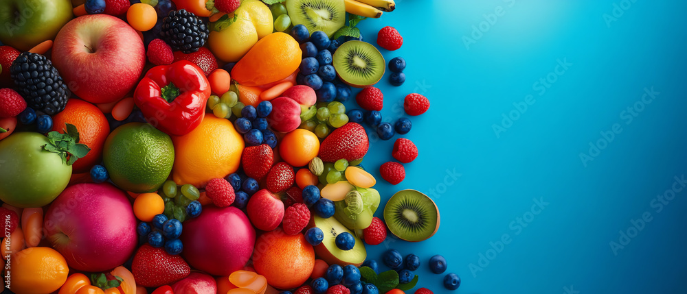 A vibrant medley of fresh fruits exploring nature's color palette with apples berries and citrus on a bright blue background A vibrant medley of fresh fruits exploring nature's color palette with apples berries and citrus on a bright blue background