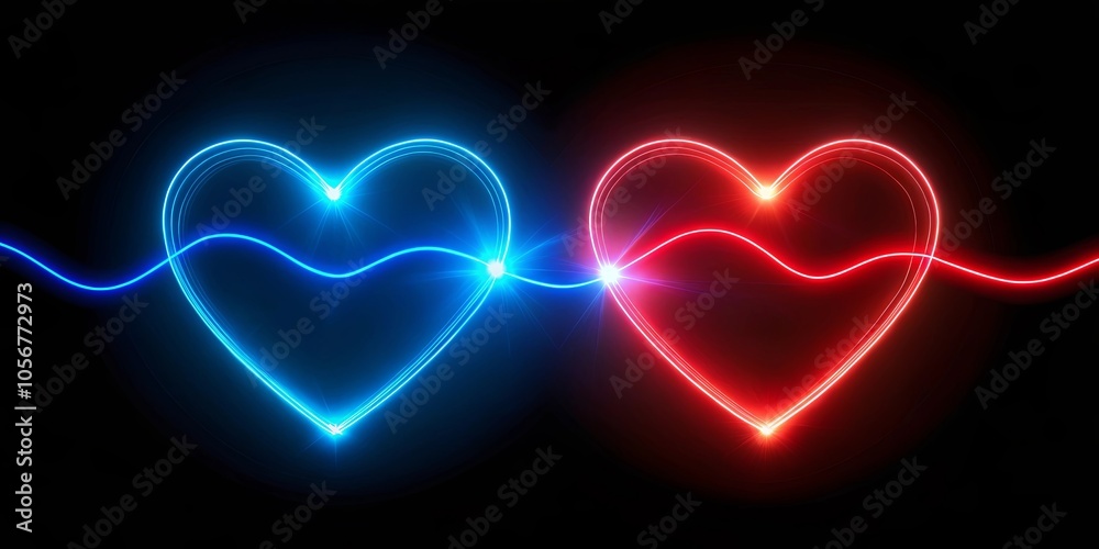 A luminous abstract heart design with vibrant blue and red neon trails, intertwined and interconnected, radiating a brilliant glow against a dark background. A luminous abstract heart design with vibrant blue and red neon trails, intertwined and interconnected, radiating a brilliant glow against a dark background.