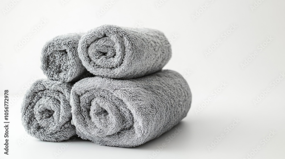 Rolled and folded gray terry towels stacked on a white backdrop Soft cotton bath towels arranged in a neat pile against a clean background