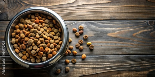 A Metal Bowl Filled with Brown and Yellow Pet Food Kibbles Spilled onto a Wooden Surface