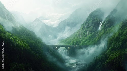 Fototapeta Naklejka Na Ścianę i Meble -  Mysterious landscape featuring lush green mountains shrouded in fog a flowing river and a soaring retro arch bridge blending architecture with the beauty of nature