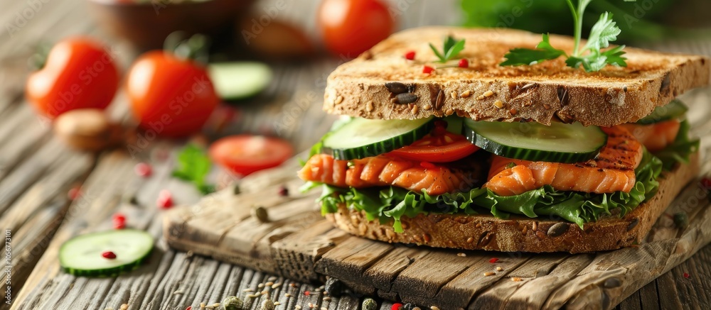 Red Fish Sandwich With Cucumber Food Photo On A Wooden Table Red Fish Sandwich With Cucumber Food Photo On A Wooden Table