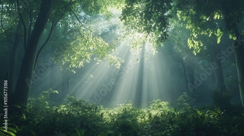 Magical forest scene illuminated by morning sunlight showcasing lush greenery and mist creating an enchanting atmosphere ideal for nature photography