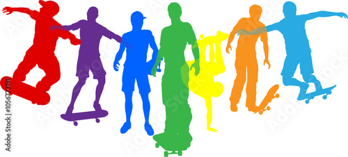 Skateboarders skateboarding on skate boards silhouette people set. Active sports people healthy players fitness silhouettes concept.