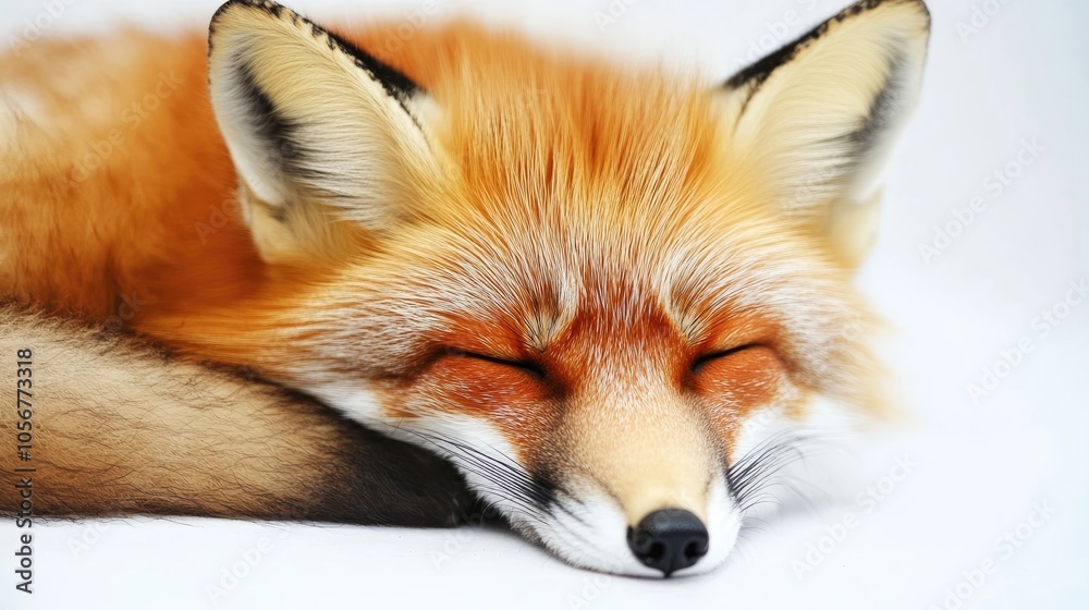 Fototapeta premium Close up shot of a sleeping red fox captured against a white background