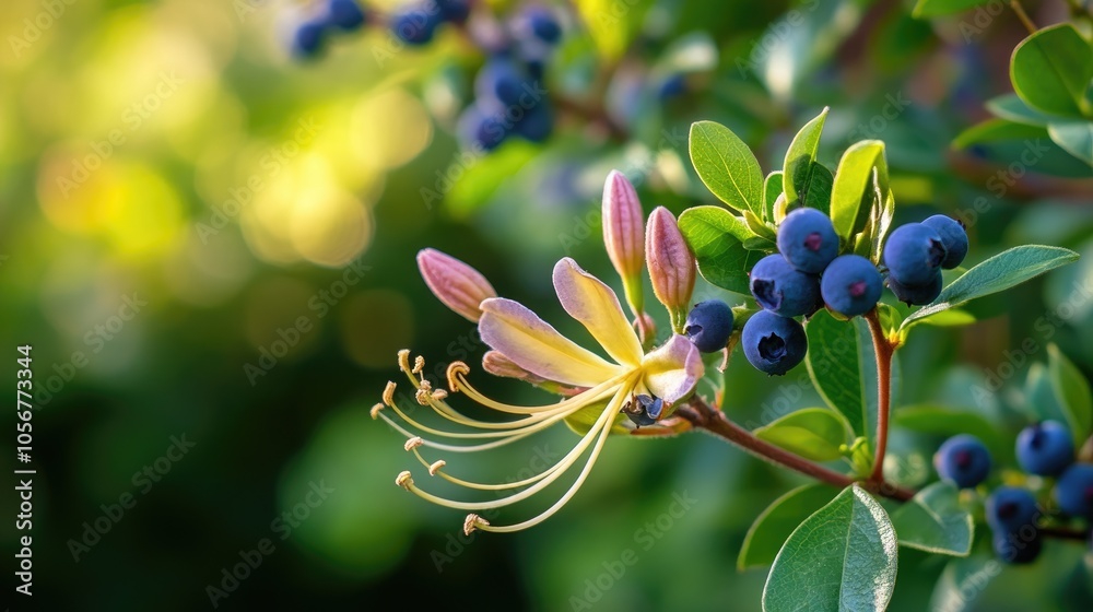 Blue honeysuckle branch in a summer garden featuring honeyberry and blueberry plants Blue honeysuckle branch in a summer garden featuring honeyberry and blueberry plants