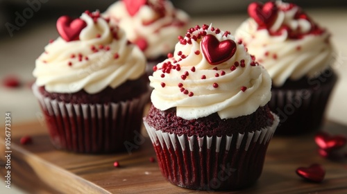 Heart shaped sprinkles adorn the frosting of these delicious Red Velvet cupcakes