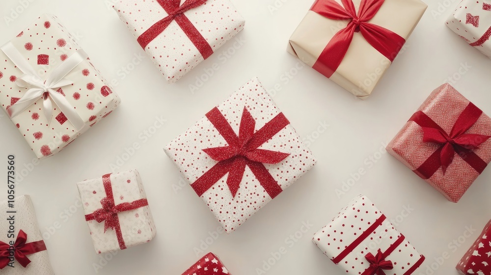 Fototapeta premium Assortment of wrapped gifts against a white backdrop representing festive holiday celebrations