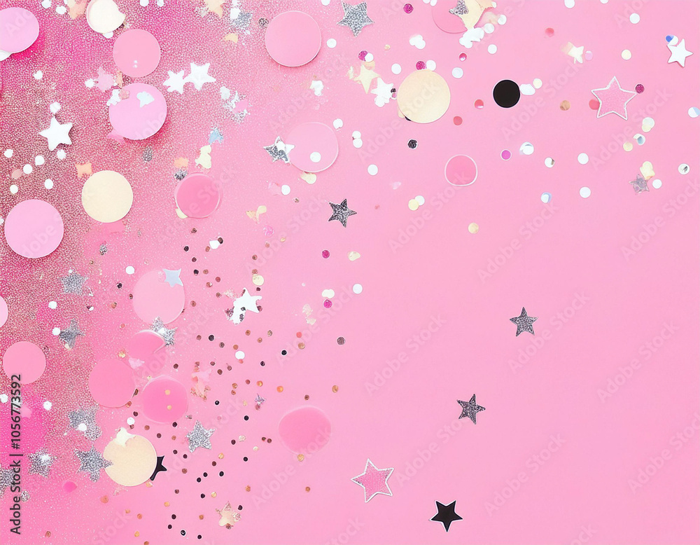 Dreamy Pink Festive Background with Confetti and Sparkles - Flat Lay Style Dreamy Pink Festive Background with Confetti and Sparkles - Flat Lay Style