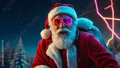 A futuristic Santa Claus wearing neon sunglasses and a jetpack, flying through the night sky.