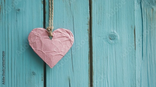 Hanging paper heart on string set against a turquoise wooden backdrop enhanced with a retro Instagram filter perfect for a romantic occasion