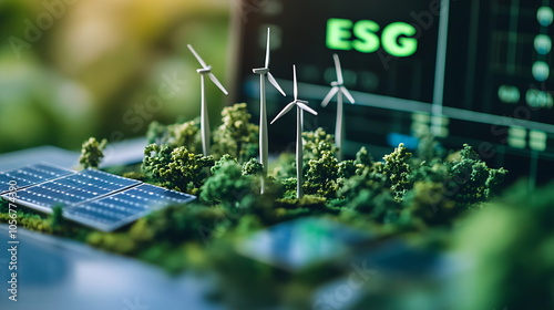 Green energy and esg concept with miniature windmill, Generative AI