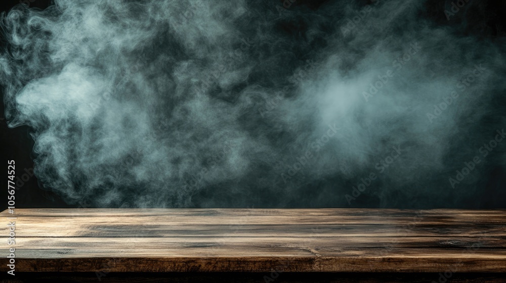 Empty wooden table with smoke rising against a dark backdrop providing open space for showcasing products Empty wooden table with smoke rising against a dark backdrop providing open space for showcasing products