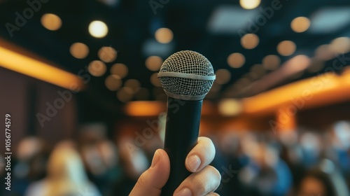 An enthusiastic participant posing a question during a Q A session at a business event with a blurred background and ample copy space photo