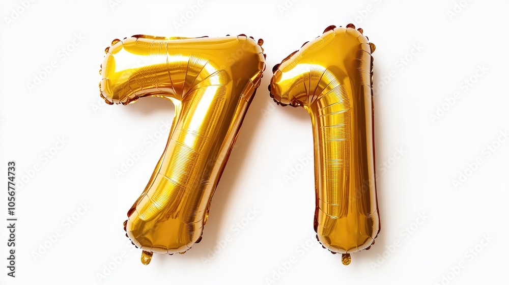 Golden inflatable balloons shaped as the number 71 set against a white background Ideal for party decorations anniversaries celebrations and birthdays Helium filled gold foil design Golden inflatable balloons shaped as the number 71 set against a white background Ideal for party decorations anniversaries celebrations and birthdays Helium filled gold foil design