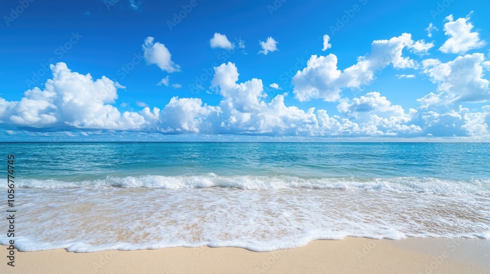 Sandy beach with ocean waves beneath a backdrop of blue sky and fluffy clouds Sandy beach with ocean waves beneath a backdrop of blue sky and fluffy clouds