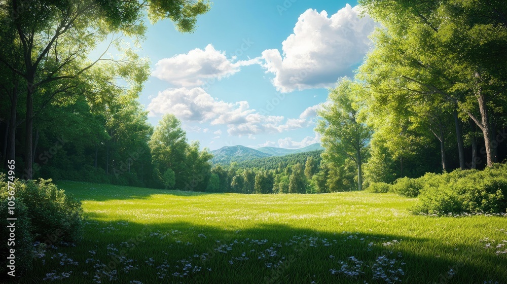 Naklejka premium Lush green meadow surrounded by trees under a summer sky