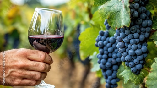 Winemaker presenting a glass of red wine alongside fresh grapes in a vineyard setting photo