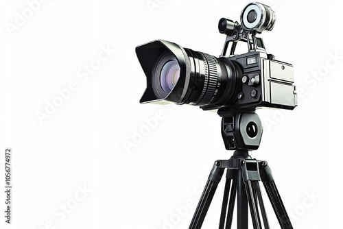 filming camera on tripod isolated at white background