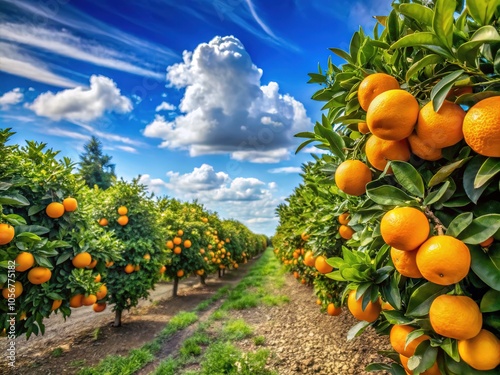 Under clear blue skies, thriving orange plantations flourish, bringing forth a rich harvest of sun-ripened citrus fruits. A dazzling landscape filled with nature's abundance.