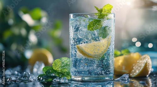 Glass of fresh ginger ale with lemon slices and mint on a table.