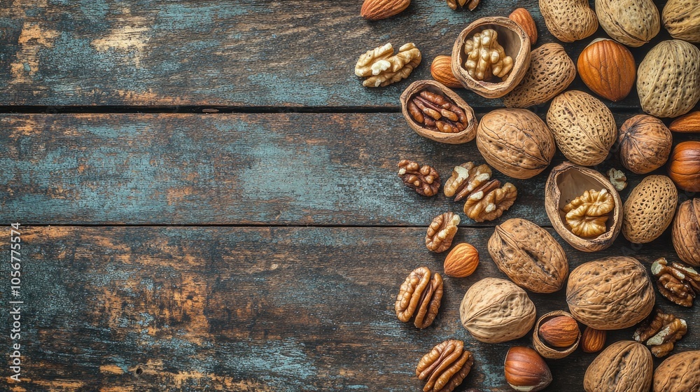 A collection of mixed nuts in their shells featuring walnuts almonds and pecans displayed on a weathered wooden background for a rustic ambiance A collection of mixed nuts in their shells featuring walnuts almonds and pecans displayed on a weathered wooden background for a rustic ambiance