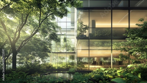 Sustainable Modern Office Building with Lush Greenery