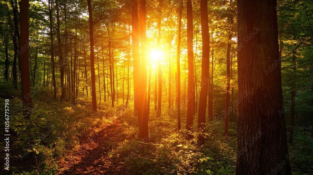 Fototapeta premium Lush forest illuminated by sunlight filtering through the tree branches creating a warm scenic atmosphere amidst vibrant leaves at dusk