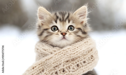 cat wearing knit scarf in the snow-generative ai