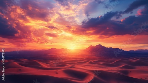 A breathtaking sunset casts its glow over an expansive desert emphasizing undulating sand dunes and rocky mountain silhouettes beneath colorful clouds