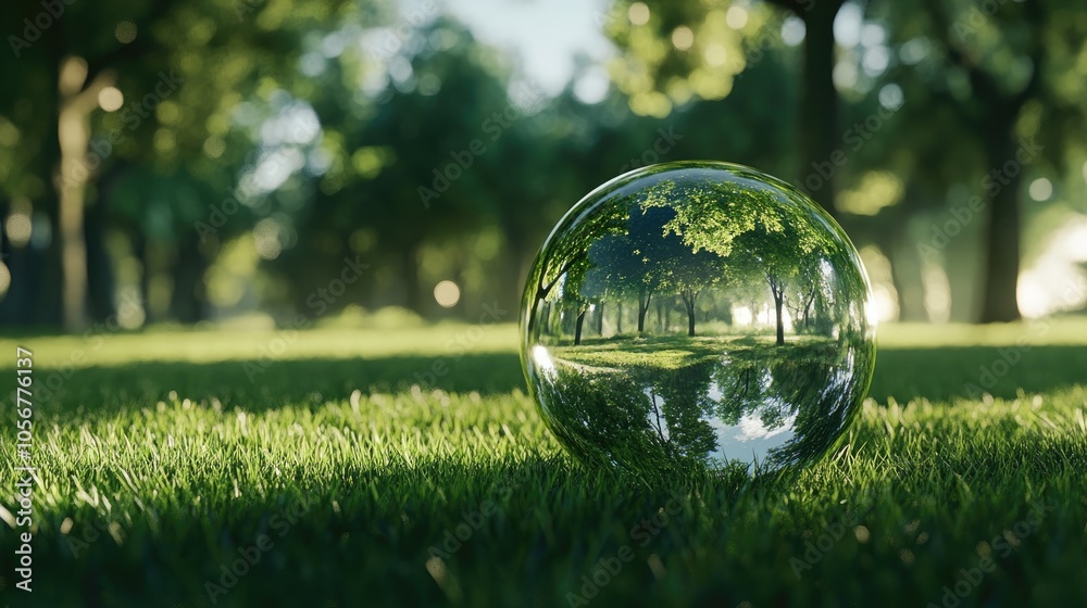 Glass globe resting on grass surrounded by trees Concept of a sustainable environment and environmental awareness Glass globe resting on grass surrounded by trees Concept of a sustainable environment and environmental awareness